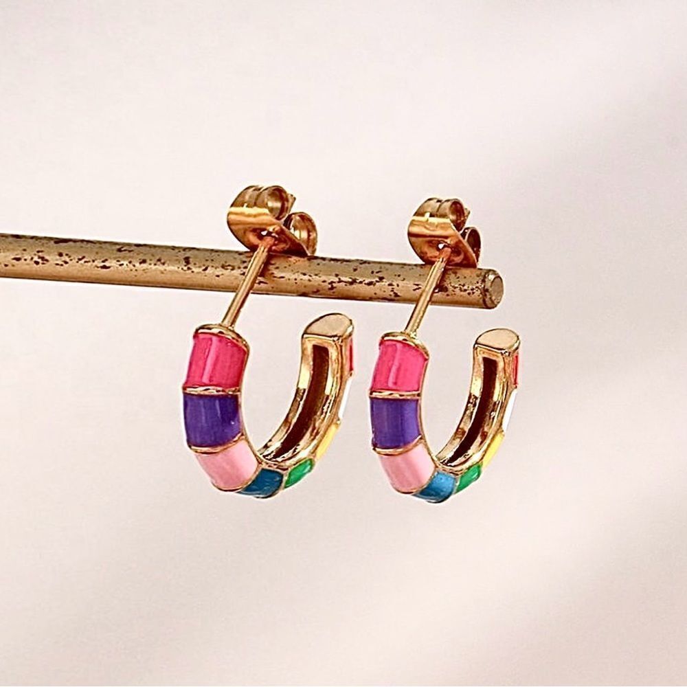 18 karat plated Multicolor Ceramic Mini Hoop Huggie Earrings Minimalist Design